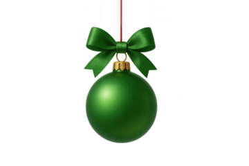 Green christmas bauble with satin bow ribbon hanging on string isolated on transparent background for festive design use