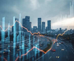 A modern city skyline with skyscrapers and a digital financial overlay, illustrating economic trends and urban life.