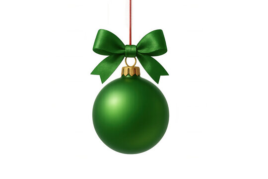 Green christmas bauble with satin bow ribbon hanging on string isolated on transparent background for festive design use - Powered by Adobe