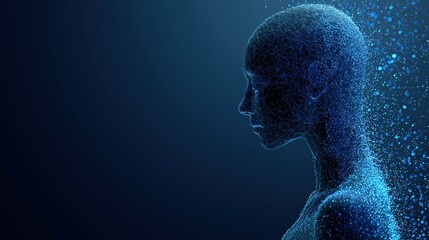 A digital representation of a human figure composed of particles, illustrating themes of technology and artificial intelligence against a dark background.
