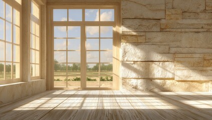 A sun-drenched interior space with large windows showcasing a tranquil rural landscape, bathed in natural light.