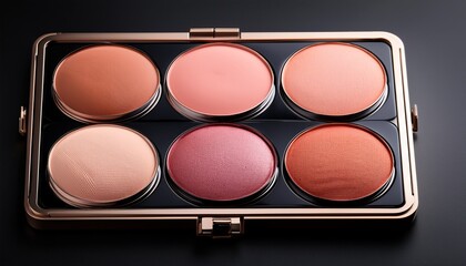 cosmetic palette with six vibrant cream blush shades on a black background