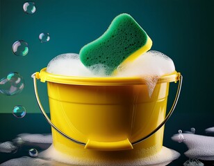 a yellow bucket with bubbles on top of soapy water and a green sponge on background
