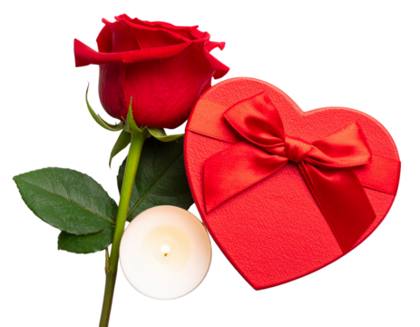 Top-Down View of Valentine’s Day Arrangement with Rose, Candle, and Heart-Shaped Gift, Isolated PNG