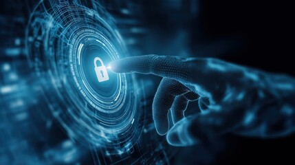 A digital representation of cybersecurity, showcasing a hand reaching for a glowing padlock symbol amidst a futuristic interface.