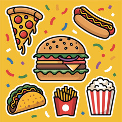 Fast Food Vector Icons Set – Burger, Pizza, Hot Dog, Taco, Fries, Popcorn Cartoon Illustration