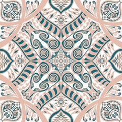Beige and teal mandala ornament with geometric floral details, seamless decorative pattern for textile, wallpaper, and digital art.