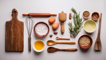 rustic kitchen utensils and ingredients arranged on a light surface