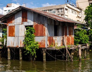 Rusted corrugated metal house on stilts over a canal
