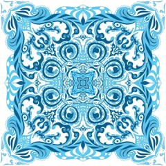 Elegant blue ornamental mandala pattern with traditional floral and swirl elements. Decorative abstract design perfect for textiles, wallpapers, and backgrounds.