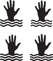 Fototapeta premium Four black hand silhouettes emerging from wavy water surface silhouette