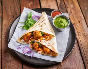 a flat lay of a pakistani style chicken tikka wrap with vibrant colors served on a paper with a side of mint chutney and onion salad placed on a wooden table at a busy london market