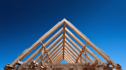Obraz premium A dynamic composition featuring the wooden frame of a building under construction, set against the vivid backdrop of a clear blue sky.