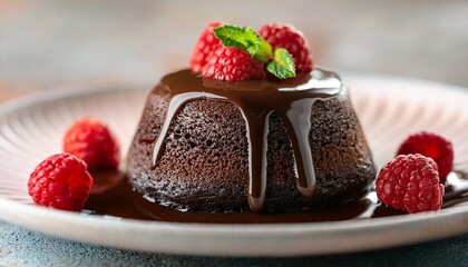 a close up shot of a chocolate lava cake with a rich molten center surrounded by a drizzle of chocolate sauce and garnished with raspberries