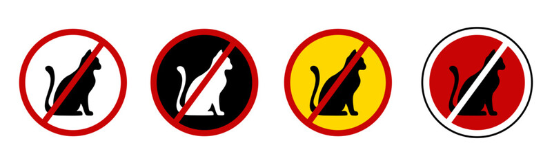 Stop, do not feed cat. No Hand feeds. Animal Forbidden, do not feed the cats on street city. Cats warning sign. Vector icons. Caution signbaord. Prohibited. Cross.