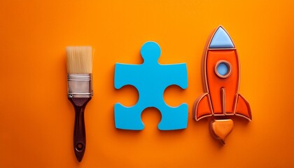 creative icons showcasing a paintbrush smiley face rocket puzzle piece and cupcake in vibrant orange color