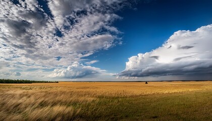 a vast open field under a sky full of dynamic clouds the clouds range from soft puffy cumulus to wispy cirrus creating a complex and ever changing backdrop to the natural landscape