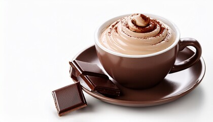 cup of coffee with chocolate and chantilly white background or