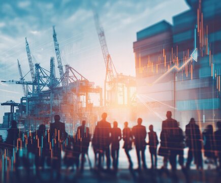 A silhouette of people stands before cranes and buildings, with an overlay of financial data, symbolizing industry and economic growth.