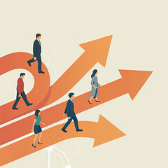 Vector art of people walking on different paths and arrows representing career growth