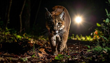 Fossa Prowling Across Forest Floor in Night Spotlight