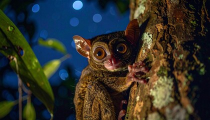 Obraz premium Tarsier Clinging to Jungle Tree Trunk with Eyes Reflecting Starlight
