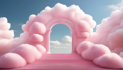 pink pastel archway with fluffy clouds and steps