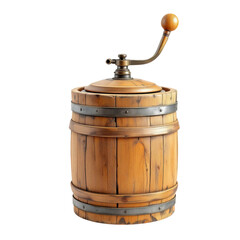 Vintage butter churn isolated on a white background. A classic, aged butter churn, crafted from wood and metal, standing proudly against a plain backdrop.