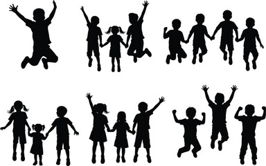 PrintSilhouette children group, kids jumping, holding hands, playing together, happy childhood moments, fun activity illustration, friendship concept, joyful teamwork, family design vector