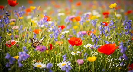 Naklejka premium field of red tulips with butterfly