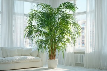 Fototapeta premium A lush palm plant graces a bright, airy room with white furnishings and sheer curtains, bathed in sunlight.