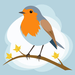 European robin, orange breast yellow flower petals on head perched on frosty branch vector on white and sky blue background.