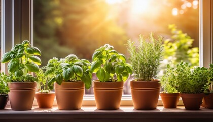 fresh herbs growing in pots on a sunny windowsill