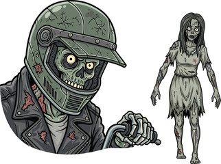 PrintZombie biker wearing helmet illustration, scary undead rider artwork, creepy horror monster character, spooky Halloween zombie woman, apocalyptic ghoul scary design