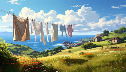 A sunny coastal landscape with clothesline