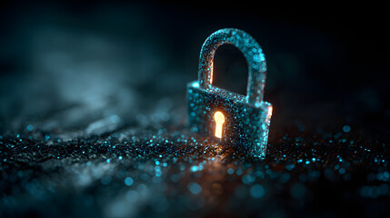 A glowing lock symbol on a digital background, representing cybersecurity and data protection in a futuristic technology environment.