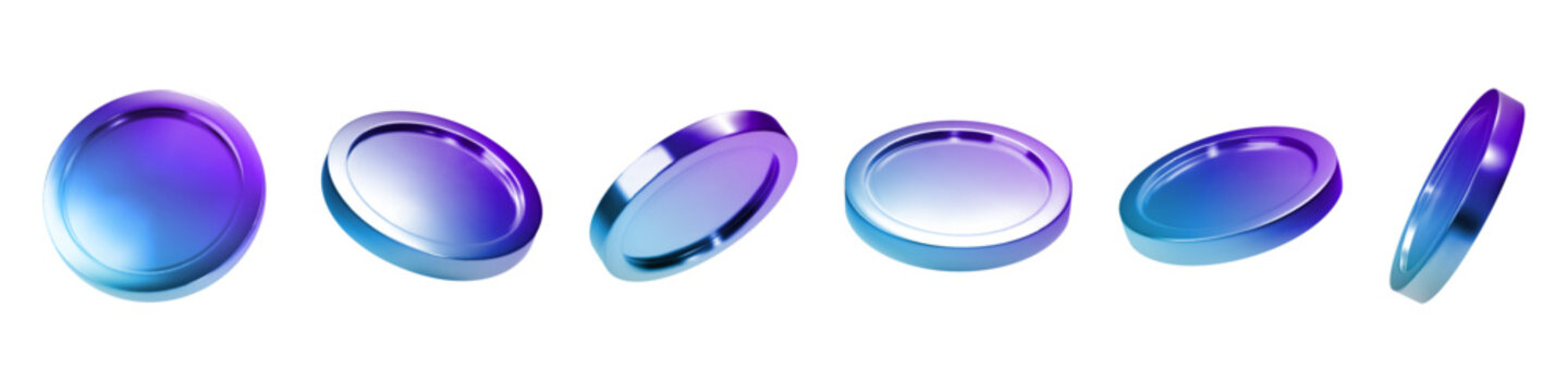 3D money. Casino coin element. Neon holographic game render or bank investment currency view angles. Paying monetary. Round token mockup. Payment reward. Vector blank metal chips set