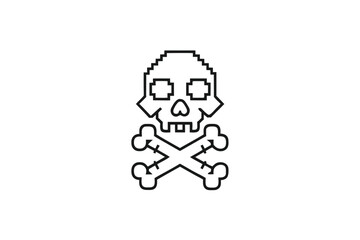 Pixel Skull and Crossbones Icon Outline Style on White Background Retro Design
