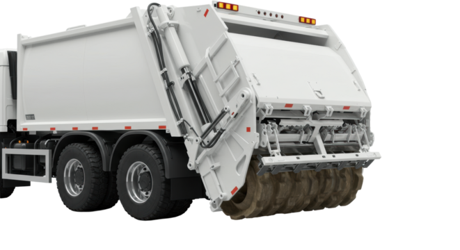 Modern white garbage truck's rear compacting mechanism, robust hydraulic pistons, gleaming metallic gears in dynamic mid-action on transparent. Concept of industrial power and detailed engineering