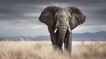 Naklejka premium Majestic African Elephant: A powerful portrait of an elephant in its natural habitat, highlighting its size and gentle nature.