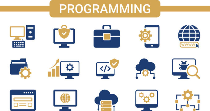 Programming coding icon set. Software development icon collection. Programmer and developer symbol vector illustration.