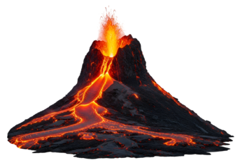 A dramatic volcanic eruption displays molten lava flowing down the mountainside against a dark background.