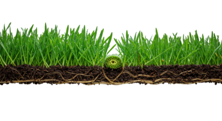 Ultra-detailed macro of vibrant emerald green grass strips, one revealing fibrous roots in dark brown soil, dew-kissed blades with glistening water droplets on transparent background, meticulous