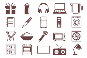Brown and white icons of gifts, electronics, and kitchenware
