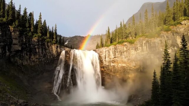 Cinematic slow motion video of rainbow forming above mountain waterfall, vibrant colors blending with mist, ultra-clear and sharp details, cinematic dreamlike aesthetic
