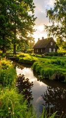 Obraz premium Rustic cottage nestled by a tranquil stream in a lush forest at dawn