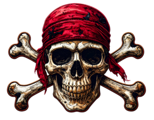  Firefly_Embroidered pirate skull with red bandana and crossed bones isolated on a transparent