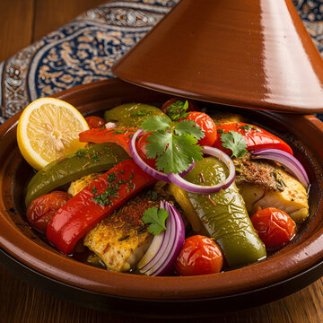Fish tajine in a traditional Moroccan pot