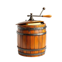 Vintage butter churn isolated on a white background. Antique Butter Churn: A meticulously crafted antique butter churn, a symbol of traditional food production
