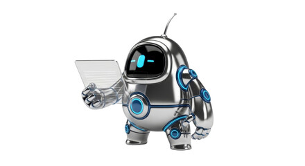 Futuristic robot assistant holding digital tablet, showcasing advanced technology and modern design, poised to revolutionize customer interaction and automation